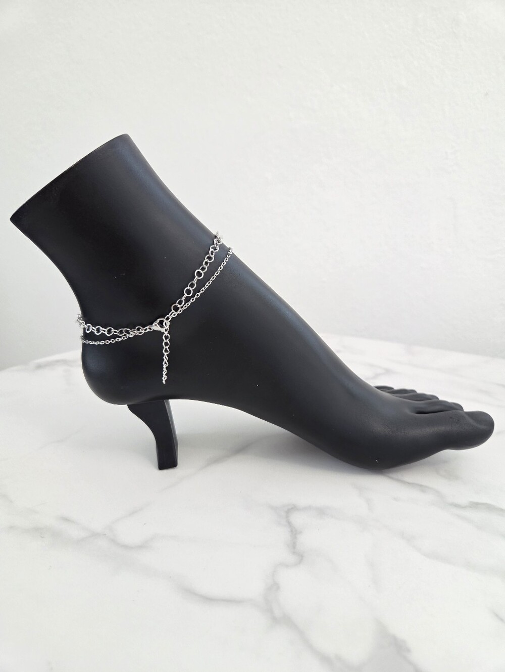 Silver Layered Butterfly Anklet Adjustable Double Chain Ankle Bracelet - Picture 7 of 12